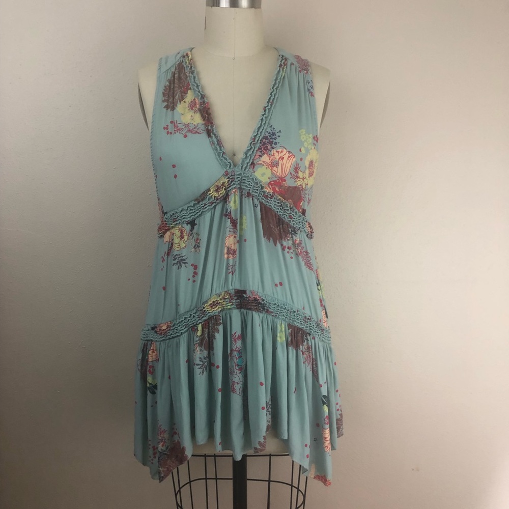 Free People Deep V Neck Dress Blue Floral Size M